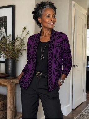 Nanette Lepore Purple Floral Open Front Cardigan Boho Knit Jacket Women